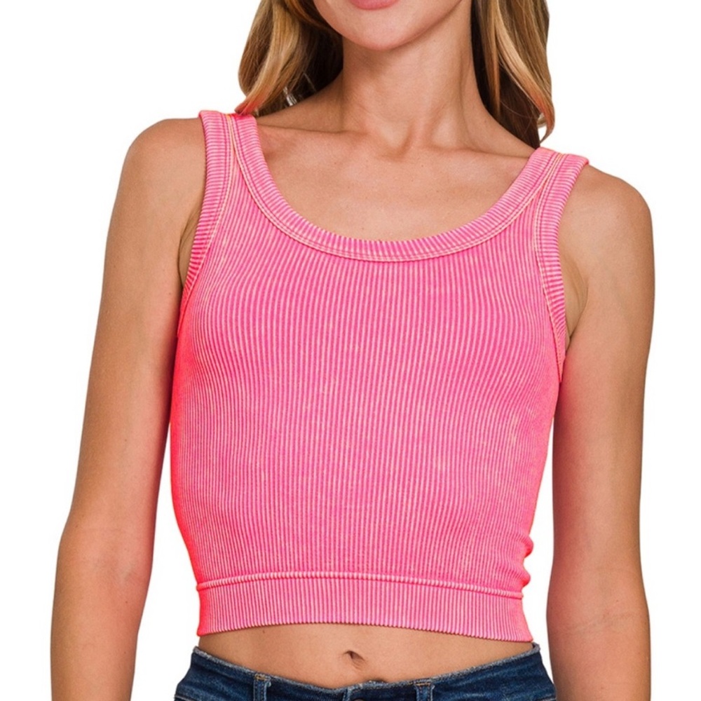 Zenana neon Pink Ribbed stone washed Crop Tank Top. Super soft and stretchy!